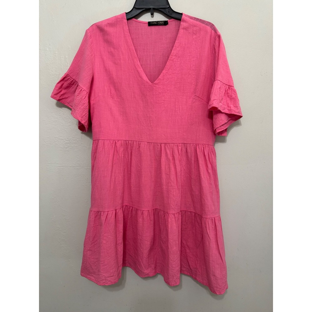 Fancyinn Womens Pink Tiered Babydoll Mini Dress V-Neck Ruffle Bell Sleeve L